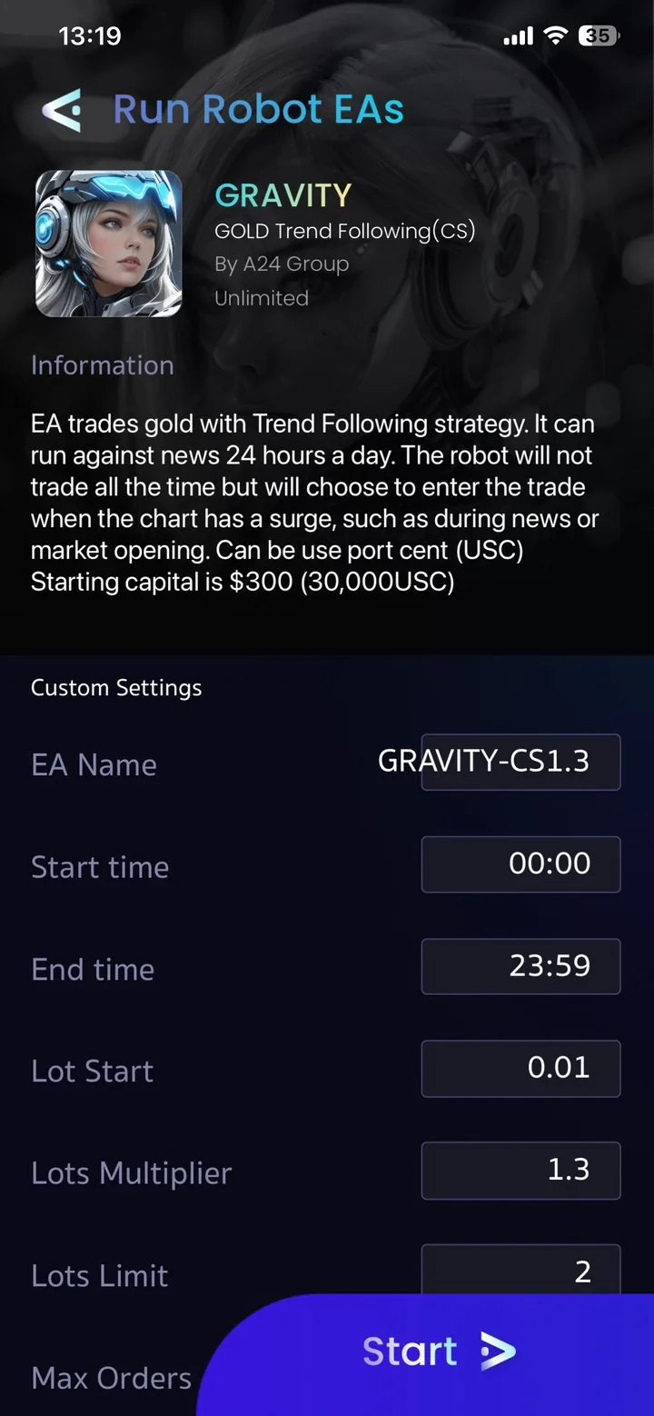 GRAVITY settings screen in the CYFREX app